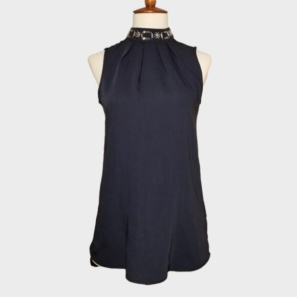 H&M Sleeveless Mock Neck Dress Blouse Dark Navy Blue Size 6 Beaded Neck - Picture 1 of 6